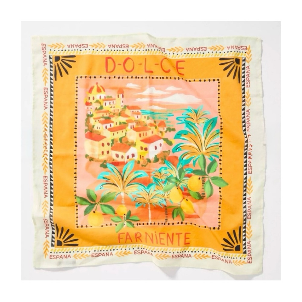 Anthropologie Orange Peach Coastal Print Silk Scarf